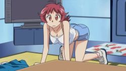 Rule 34 | 00s, 1girl, animated, animated gif, aoi anna, ass, breasts, cleavage, huge ass, red hair, shinkon gattai godannar!!, shoes, unworn shoes, socks, solo