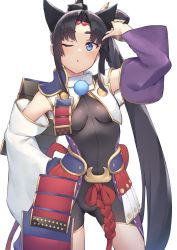 Rule 34 | 1girl, armor, asymmetrical sleeves, black bodysuit, black hair, blue eyes, blush, bodysuit, breast curtains, breasts, covered navel, detached sleeves, fate/grand order, fate (series), feather hair ornament, feathers, hair bun, hair ornament, hat, heroic spirit tour outfit, japanese armor, long hair, looking at viewer, medium breasts, mismatched sleeves, one eye closed, open mouth, parted bangs, pinta (ayashii bochi), side bun, side ponytail, sidelocks, single hair bun, single side bun, solo, thighs, ushiwakamaru (fate), ushiwakamaru (tour outfit) (fate), very long hair, wide sleeves