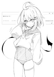 Rule 34 | 1girl, ahoge, blush, bow, bowtie, covered navel, cowboy shot, demon tail, greyscale, hair between eyes, hair ornament, hairclip, hand up, highres, long sleeves, monochrome, one-piece swimsuit, original, otokuyou, ringo-chan (otokuyou), sailor collar, short hair, skindentation, sleeves past fingers, sleeves past wrists, solo, swimsuit, tail, thigh strap