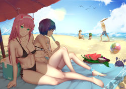 Rule 34 | 10s, 2girls, 3boys, absurdres, ankle cuffs, arm support, arms up, ball, bare arms, bare legs, bare shoulders, barefoot, beach, beach towel, beach umbrella, beachball, bikini, bikini skirt, bird, black bikini, black ribbon, blonde hair, blue eyes, blue hair, blue male swimwear, blue sky, blue swim trunks, box, breasts, brown hair, character request, cleavage, closed mouth, cloud, crab, darling in the franxx, dated, day, eating, food, fruit, full body, futoshi (darling in the franxx), gins, gorou (darling in the franxx), grapes, hairband, highres, holding, holding food, horizon, horns, ichigo (darling in the franxx), large breasts, leaning to the side, long hair, looking back, male swimwear, medium breasts, multiple boys, multiple girls, o-ring, o-ring bikini, o-ring top, ocean, pink hair, plate, popsicle, pulling own clothes, revision, ribbon, sand, seiza, shadow, short hair, side-tie bikini bottom, sidelocks, signature, sitting, sky, smile, straight hair, suikawari, sun, sunlight, swim trunks, swimsuit, teasing, topless male, towel, umbrella, water, watermelon, white bikini, white hairband, zero two (darling in the franxx), zorome (darling in the franxx)