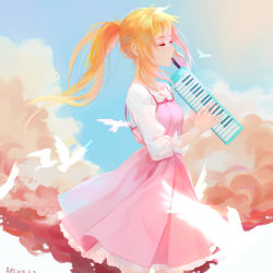 Rule 34 | 10s, 1girl, 2015, a mi (milu904371339), absurdres, alternate hairstyle, artist name, bird, blonde hair, breasts, cloud, dated, day, dress, closed eyes, from side, highres, holding, instrument, keyboard (instrument), long hair, melodica, miyazono kawori, music, pink dress, playing instrument, ponytail, profile, shigatsu wa kimi no uso, shirt, sky, small breasts, solo, spaghetti strap, white shirt, wind