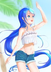 Rule 34 | 1girl, alternate costume, aomi one, arm up, bare arms, blue eyes, blue hair, blurry, blurry background, blush, commentary request, crop top, highres, kantai collection, long hair, navel, open mouth, palm tree, samidare (kancolle), short shorts, shorts, solo, swept bangs, tree, very long hair