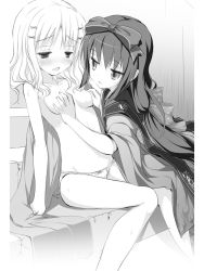 Rule 34 | 2girls, blush, bow, grabbing another&#039;s breast, breasts, collarbone, eye contact, grabbing, greyscale, hair bow, hair ornament, highres, long hair, looking at another, medium breasts, meiyaku no leviathan, monochrome, multiple girls, nimura yuuji, novel illustration, official art, open mouth, panties, sitting, topless, underwear, very long hair, yuri