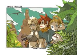 Rule 34 | 1boy, 3girls, ayla (chrono trigger), bare shoulders, blonde hair, blue tunic, border, breasts, cavewoman, chrono trigger, cleavage, cloud, cloudy sky, crono (chrono trigger), curly hair, dated, glasses, grey eyes, headband, helmet, large breasts, looking at another, lucca ashtear, marle (chrono trigger), multiple girls, neckerchief, orange neckerchief, outdoors, parted lips, plant, ponytail, pterosaur, purple hair, red hair, sky, smile, spiked hair, takase toho, twitter username, upper body, watermark, white border, white headband, white romper