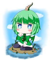 Rule 34 | 1girl, :t, bailingxiao jiu, black thighhighs, blue eyes, blue sky, blush, chibi, closed mouth, cloud, commentary request, cthulhu, cthulhu mythos, day, dress, fur-trimmed dress, fur-trimmed sleeves, fur trim, green dress, green hair, green wings, highres, island, long sleeves, looking at viewer, no shoes, ocean, outdoors, pout, sitting, sky, solo, suction cups, tentacles, thighhighs, wariza, water, wings