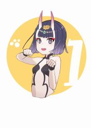 Rule 34 | 1girl, :d, breasts, dan evan, diadem, fang, fate/grand order, fate (series), hands up, highres, looking at viewer, open mouth, paw pose, paw print, purple eyes, purple hair, short hair, shuten douji (fate), small breasts, smile, solo, upper body, wristband, yellow background