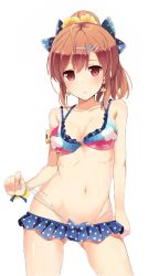 Rule 34 | 1girl, bare arms, bikini, bikini pull, blush, bow, breasts, brown hair, cleavage, clothes pull, collarbone, cure slum, girlfriend (kari), hair bow, hair ornament, hairclip, looking at viewer, md5 mismatch, miniskirt, navel, ponytail, red eyes, resolution mismatch, sakurai akane (girlfriend), skirt, solo, source larger, stomach, swimsuit, thighs