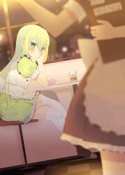 Rule 34 | 1girl, absurdres, alina gray, alternate costume, amane hikari, apron, blonde hair, blurry, blurry foreground, blush, cafe, dress, green dress, green hair, hair between eyes, hand on own face, highres, indoors, long hair, magia record: mahou shoujo madoka magica gaiden, mahou shoujo madoka magica, maid apron, multicolored hair, on chair, puffy short sleeves, puffy sleeves, short sleeves, sidelocks, sitting, straight hair, streaked hair, table, thighhighs, white thighhighs, window