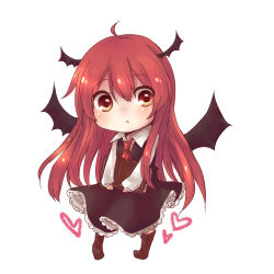 Rule 34 | 1girl, :o, ahoge, bat wings, book, boots, chibi, dress, full body, head wings, heart, knee boots, koakuma, kudukimii, long hair, long sleeves, looking at viewer, necktie, red eyes, red hair, simple background, solo, touhou, white background, wings