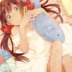 Rule 34 | 1girl, adapted costume, axis powers hetalia, bare shoulders, bed, bow, dark skin, dark-skinned female, dress, dutch angle, fingernails, fish, frills, green eyes, hair bow, hair ribbon, own hands clasped, head tilt, long hair, looking at viewer, lying, off shoulder, on back, own hands together, pillow, ribbon, seychelles (hetalia), short sleeves, skirt, solo, stuffed animal, stuffed toy, twintails, white dress, white skirt, zukki (suzukio)