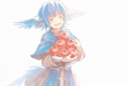 Rule 34 | 1girl, ^ ^, apple, bird girl, bird tail, blue capelet, blue hair, capelet, closed eyes, cowboy shot, dress, facing viewer, feathered wings, final fantasy, final fantasy xiv, food, fruit, grey dress, happy, head wings, holding, holding food, holding fruit, light blush, long sleeves, meteion, no nose, omori hakumai, open mouth, short hair, simple background, smile, solo, standing, tail, white background, wings