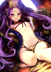 Rule 34 | 1girl, akechi shizuku, breasts, covered erect nipples, dutch angle, facial mark, fate/grand order, fate (series), forehead mark, gloves, highres, jewelry, long hair, long sleeves, looking at viewer, navel, necklace, pelvic curtain, purple gloves, purple hair, sitting, small breasts, solo, wariza, wu zetian (fate)