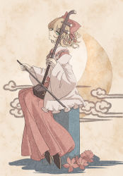 Rule 34 | 1girl, aaaabo, absurdres, blonde hair, bow, detached sleeves, erhu, green eyes, hair bow, hair ornament, highres, holding, instrument, japanese clothes, long sleeves, looking at viewer, satsuki rin, shoes, short hair, sitting, solo, touhou, wide sleeves