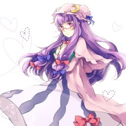 Rule 34 | 1girl, bad id, bad pixiv id, bespectacled, bow, crescent, female focus, glasses, hair bow, hat, heart, long hair, patchouli knowledge, purple eyes, purple hair, reika (clovia studio), simple background, solo, touhou