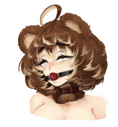 Rule 34 | 1girl, ahoge, animal ears, ball gag, barb-tan, barbariank, bear ears, belt collar, blonde hair, blush, brown hair, collar, commentary, english commentary, gag, gagged, grey eyes, hair between eyes, heart, heart-shaped pupils, looking at viewer, multicolored hair, nude, original, portrait, short hair, simple background, solo, symbol-shaped pupils, two-tone hair, white background, wiffle gag