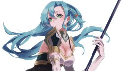 Rule 34 | 1girl, aqua hair, armor, braid, breastplate, breasts, chloe (fire emblem), fire emblem, fire emblem engage, gloves, green eyes, highres, holding, holding polearm, holding weapon, large breasts, long hair, looking to the side, miran (olivine 20), nintendo, pegasus knight uniform (fire emblem), polearm, shoulder armor, side braid, solo, weapon, white gloves