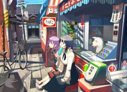 Rule 34 | 2girls, absurdres, afterimage, alley, animal, bang dream!, bench, bicycle, black hair, black shirt, black skirt, breasts, building, cat, closed eyes, commentary request, day, dog, feet out of frame, food, grey footwear, high-waist skirt, highres, holding, holding food, huge filesize, kasa list, long hair, long sleeves, medium breasts, multiple girls, outdoors, popsicle, purple eyes, purple hair, red skirt, sandals, shirokane rinko, shirt, sitting, skirt, sleeves past wrists, sweat, translation request, twintails, udagawa ako, white shirt