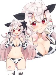 Rule 34 | 1girl, absurdres, ahoge, animal ears, animal print, baby bottle, bat hair ornament, bikini, black bikini, bottle, breasts, cleavage, closed mouth, commentary, cow ears, cow print, cropped torso, elbow gloves, fake animal ears, fang, gloves, gluteal fold, gradient hair, hair ornament, hairclip, halterneck, heart, heart hair ornament, highres, holding, holding bottle, indie virtual youtuber, large breasts, leg tattoo, long hair, looking at viewer, mole, mole under eye, multicolored hair, multiple views, navel, o-ring, o-ring bikini, open mouth, pink hair, print bikini, print gloves, print thighhighs, shiraha maru, simple background, skin fang, smile, standing, swimsuit, tattoo, thighhighs, urato chieru, white background, white gloves, white hair, white thighhighs, x hair ornament