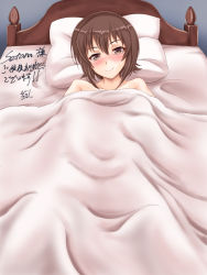Rule 34 | 1girl, bed, blush, brown eyes, brown hair, closed mouth, e gs310, girls und panzer, highres, looking at viewer, nishizumi maho, on bed, short hair, smile, solo