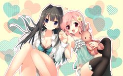 Rule 34 | 2girls, :d, ayase sayuki, black hair, black legwear, blue eyes, braid, breasts, cleavage, flower, hair flower, hair ornament, heart, highres, holding, holding hands, long hair, multiple girls, open clothes, open mouth, open shirt, outline, pink hair, red eyes, sacraneco, shirt, single braid, smile, stuffed animal, stuffed rabbit, stuffed toy, thighhighs, wallpaper, your diary, yua (your diary)