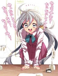 Rule 34 | 1girl, ahoge, blue bow, blue bowtie, blue hair, bow, bowtie, desk, dress, grey hair, grey pantyhose, hair between eyes, hair ribbon, inkwell, kantai collection, kiyoshimo (kancolle), lamp, long hair, long sleeves, low twintails, multicolored hair, open mouth, pantyhose, paper, purple dress, quill, ribbon, school uniform, shirt, solo, tane juu-gou, translation request, twintails, two-tone background, white shirt