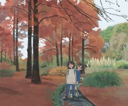 Rule 34 | 2girls, autumn, autumn leaves, backpack, bag, black legwear, blue shirt, blue sky, brown footwear, brown hair, brown skirt, bush, cattail, closed mouth, commentary, day, denim, closed eyes, highres, jeans, leaning to the side, long hair, long sleeves, looking at viewer, maple tree, motion lines, muji (uimss), multiple girls, original, outdoors, pants, pantyhose, plant, shirt, short hair, skirt, sky, standing, sweater, tree, white sweater, wide shot