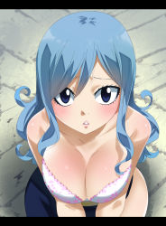 Rule 34 | 1girl, bare shoulders, blue eyes, blue hair, blush, bra, breasts, cleavage, collarbone, fairy tail, gaston18, highres, juvia lockser, large breasts, long hair, looking at viewer, looking up, parted lips, partially undressed, sitting, solo, teeth, underwear