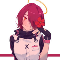 Rule 34 | 1girl, arknights, black gloves, chinese commentary, commentary request, exusiai (arknights), fingerless gloves, flower, gloves, hair flower, hair ornament, hair over one eye, halo, hand up, head tilt, highres, id card, jacket, looking at viewer, orange eyes, raglan sleeves, red flower, red hair, short hair, short sleeves, simple background, smile, solo, towne, upper body, white background, white jacket