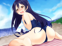 Rule 34 | 10s, 1girl, ass, bare shoulders, barefoot, beach, black hair, blue hair, blush, brown eyes, cameltoe, competition school swimsuit, day, from behind, long hair, looking at viewer, love live!, love live! school idol project, mikimo nezumi, one-piece swimsuit, one-piece thong, open mouth, school swimsuit, sitting, solo, sonoda umi, swimsuit, thong, towel, wariza, yellow eyes