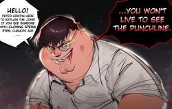 Rule 34 | 1boy, blood, blood on face, brown hair, cleft chin, collared shirt, english text, family guy, fat, fat man, green eyes, highres, injury, kowai (iamkowai), looking at viewer, male focus, peter griffin, shirt, short hair, solo, speech bubble, very short hair, white shirt