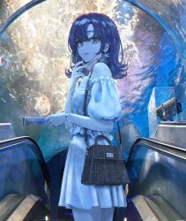 Rule 34 | 1girl, aquarium, bag, bare shoulders, dress, earrings, escalator, highres, holding, holding paper, isshiki iroha, jewelry, looking at viewer, looking back, mask, mask around neck, medium hair, mouth mask, paper, ponkan 8, red eyes, shoulder bag, solo, white dress, yahari ore no seishun lovecome wa machigatteiru.