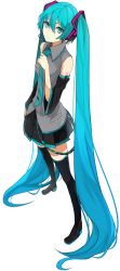 Rule 34 | 1girl, absurdly long hair, bare shoulders, black thighhighs, blue eyes, blue hair, detached sleeves, full body, hair ornament, hatsune miku, headset, long hair, looking at viewer, matching hair/eyes, miruto netsuki, necktie, pleated skirt, shirt, simple background, skirt, solo, standing, thighhighs, twintails, very long hair, vocaloid, white background, wide sleeves, zettai ryouiki