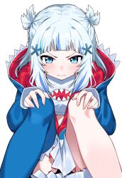 Rule 34 | 1girl, black panties, blue eyes, blue hair, blue jacket, blue thighhighs, blush, closed mouth, crop top, dated commentary, feet out of frame, gawr gura, grey hair, hair ornament, highres, hololive, hololive english, hood, hood down, hooded jacket, jacket, knees up, long sleeves, looking at viewer, multicolored hair, panties, pleated skirt, puffy long sleeves, puffy sleeves, simple background, single thighhigh, sitting, skirt, sleeves past wrists, solo, streaked hair, thighhighs, tosyeo, two side up, underwear, v-shaped eyebrows, virtual youtuber, wavy mouth, white background, white skirt
