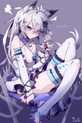 Rule 34 | 1girl, absurdres, alternate costume, animal collar, animal ears, arknights, bare shoulders, bell, belt collar, black nails, blue collar, blue eyes, blue flower, blue footwear, blue rose, blush, breasts, bridal gauntlets, bridal legwear, character name, chinese commentary, cleavage, cleavage cutout, closed mouth, clothing cutout, collar, collarbone, commentary request, covered erect nipples, dress, elbow gloves, eyes visible through hair, flower, gloves, grey background, grey hair, hair between eyes, hair ornament, hairclip, hand up, heart cutout, heart pasties, high heels, highres, imazawa, jingle bell, knees up, lappland (arknights), leash, long hair, medium breasts, nail polish, neck bell, paid reward available, pasties, pleated dress, puff of air, rose, sandals, solo, tail, thighhighs, toenail polish, toenails, toes, white dress, white gloves, white thighhighs, wolf ears, wolf girl, wolf tail