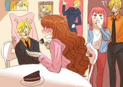 Rule 34 | !?, 1boy, 2girls, absurdres, blonde hair, blush, brown eyes, brown hair, cake, charlotte chiffon, charlotte pudding, dakimakura (object), eating, feeding, food, grin, happy, hetero, highres, long hair, looking at another, multiple girls, one piece, photo (object), pillow, pink hair, rita ya, sanji (one piece), short hair, siblings, sisters, smile, surprised, table, talking, what