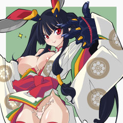Rule 34 | 1girl, bare shoulders, black hair, breasts, female focus, gauntlets, hair ornament, hair tubes, headgear, highres, japanese clothes, kaguya (queen&#039;s blade), large breasts, long hair, looking at viewer, nipples, panties, puffy nipples, queen&#039;s blade, queen&#039;s blade grimoire, rabbit hair ornament, red eyes, red thighhighs, simple background, smile, solo, thighhighs, torn clothes, torn panties, twintails, underwear, yaochou