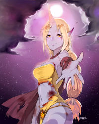 Rule 34 | 1girl, artist name, bad id, bad pixiv id, blonde hair, blood, blood on clothes, cape, cloud, colored skin, gem, highres, horns, league of legends, long hair, looking at viewer, midriff, navel, outstretched hand, panza, pointy ears, ponytail, purple skin, purple sky, single horn, sky, smile, solo, soraka (league of legends), standing, star (sky), starry sky, sun, tattoo, torn cape, torn clothes, yellow eyes