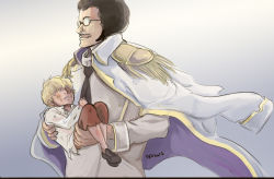 Rule 34 | 2boys, afro, age difference, aged down, black hair, blonde hair, carrying, carrying person, child, donquixote rocinante, facial hair, from side, glasses, male focus, multiple boys, one piece, princess carry, rspixart, sengoku (one piece), smile, upper body