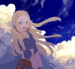 Rule 34 | 1girl, beach, blonde hair, blue sky, blush, braid, ciatoli, cloud, cloudy sky, day, french braid, green eyes, hair ornament, hairclip, long hair, looking at viewer, nintendo, ocean, open mouth, outdoors, parted lips, pointy ears, princess zelda, sky, smile, solo, the legend of zelda, the legend of zelda: breath of the wild, upper body