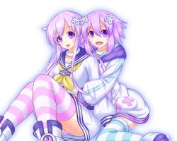 Rule 34 | 10s, 2girls, d-pad, hair ornament, hechima-bushi, highres, hug, long hair, multiple girls, nepgear, neptune (neptunia), neptune (series), open mouth, purple eyes, purple hair, siblings, sisters, smile, striped clothes, striped thighhighs, thighhighs