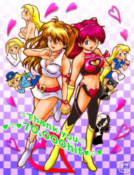 Rule 34 | 6+girls, armband, belt, blonde hair, blue eyes, boots, breasts, cleavage, cleavage cutout, clothing cutout, cosplay, crop top, cutie honey, cutie honey (character), cutie honey (character) (cosplay), cutie honey (cosplay), dual persona, gloves, hairband, hand on own hip, heart, heart cutout, hip focus, holding hands, kisaragi honey, kisaragi honey (cosplay), long hair, magical girl, midriff, milestone celebration, miniskirt, multiple girls, multiple persona, navel, neon genesis evangelion, one eye closed, orange hair, parody, pink hair, red hair, skirt, souryuu asuka langley, time paradox, watch, wink, wristwatch