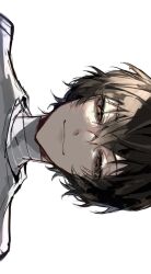 Rule 34 | 1boy, bandaged neck, bandages, black hair, brown eyes, bungou stray dogs, closed mouth, dazai osamu (bungou stray dogs), hair between eyes, looking at viewer, male focus, portrait, shirt, short hair, simple background, smile, solo, white background, white shirt, ya ta