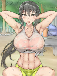 Rule 34 | &gt;:o, 1girl, :o, abs, armpits, arms behind head, arms up, bike shorts, black hair, blush, borrowed character, breasts, brown eyes, collarbone, covered erect nipples, crop top, highres, large breasts, long hair, looking at viewer, midriff, muscular, muscular female, navel, nekoshi, open mouth, original, outdoors, ponytail, see-through, sitting, solo, spread legs, sweat, tank top, tsurime, v-shaped eyebrows, wet, wet clothes