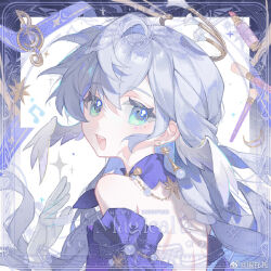 Rule 34 | aqua eyes, bare shoulders, bead bracelet, beads, bracelet, detached sleeves, earrings, english text, from side, gloves, hand up, honkai: star rail, honkai (series), jewelry, long hair, looking at viewer, looking back, musical note, open mouth, purple sleeves, robin (honkai: star rail), short sleeves, smile, teeth, upper body, upper teeth only, white gloves, yuan shan jian ming