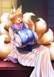 Rule 34 | 1girl, animal ear fluff, animal ears, arm support, blonde hair, blush, bra, bra visible through clothes, breasts, commentary request, crossed legs, dress, fang, feet out of frame, fox ears, fox tail, frills, hair between eyes, hand up, highres, huge breasts, looking at viewer, multiple tails, no headwear, open mouth, outdoors, see-through, short hair, sitting, slit pupils, solo, sweat, tabard, tail, tongue, tongue out, touhou, underwear, wet, wet clothes, wet dress, white dress, wildcat (kusonemi), yakumo ran, yellow eyes