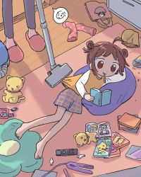Rule 34 | &gt; &lt;, 1girl, 1nupool, :3, :t, ahoge, anger vein, backlighting, bag, unworn bag, bare legs, barefoot, blue shorts, blush stickers, book, book stack, brown eyes, brown hair, candy, closed mouth, controller, dot nose, double bun, dutch angle, eating, elbow rest, floor, food, food in mouth, from above, full body, hair bun, hair straightener, head rest, highres, holding, holding book, indoors, knees together feet apart, long sleeves, lying, manga (object), messy room, mouth hold, no pupils, on floor, on side, open book, orange shirt, original, out of frame, plaid, plaid shorts, polka dot, polka dot legwear, raglan sleeves, reading, remote control, rug, shade, shadow, shirt, shorts, slippers, snack, unworn socks, speech bubble, spoken anger vein, spread legs, standing, stuffed animal, stuffed cat, stuffed toy, t-shirt, tareme, vacuum cleaner, wavy mouth, white sleeves, wooden floor, x3