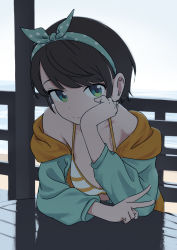 Rule 34 | 1girl, absurdres, arms on table, bikini, bikini under clothes, brown hair, closed mouth, fence, front-tie bikini top, front-tie top, green eyes, hand on own face, headband, highres, hololive, jacket, leaning forward, looking at viewer, oozora subaru, oozora subaru (hololive summer 2019), short hair, solo, striped bikini, striped clothes, swimsuit, table, tamura-chan, v, virtual youtuber