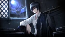Rule 34 | 1boy, bags under eyes, black coat, black eyes, black hair, black pants, closed mouth, coat, coat partially removed, collared shirt, game cg, highres, limbus company, long sleeves, male focus, moon, moonlight, nai ga, night, official art, pants, project moon, scar, scar on face, scar on hand, scar on neck, shirt, short hair, sitting, solo, white shirt, wing collar, yi sang (project moon)