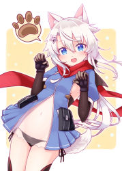Rule 34 | 1girl, 9a-91 (girls&#039; frontline), :d, animal ears, black gloves, black panties, black sleeves, blue dress, blue eyes, breasts, brown background, commentary request, dog ears, dog girl, dog tail, dress, girls&#039; frontline, gloves, hair between eyes, hair ornament, hands up, harada (sansei rain), highres, kemonomimi mode, layered sleeves, long hair, long sleeves, looking at viewer, navel, open mouth, panties, paw pose, pleated dress, puffy short sleeves, puffy sleeves, red scarf, scarf, see-through, short over long sleeves, short sleeves, side-tie panties, silver hair, small breasts, smile, solo, star (symbol), star hair ornament, tail, two-tone background, underwear, very long hair, white background