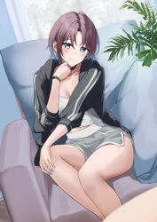 Rule 34 | 1girl, absurdres, ahoge, asakura toru, bare legs, black choker, black jacket, blue hair, blush, choker, collarbone, couch, crop top, dolphin shorts, fingernails, gradient hair, grey shorts, hand on own knee, highres, hood, hooded jacket, idolmaster, idolmaster shiny colors, indoors, jacket, looking at viewer, multicolored hair, nail polish, nonbire, on couch, purple hair, short shorts, shorts, side slit, sitting, smile, solo, tank top, white tank top, wristband